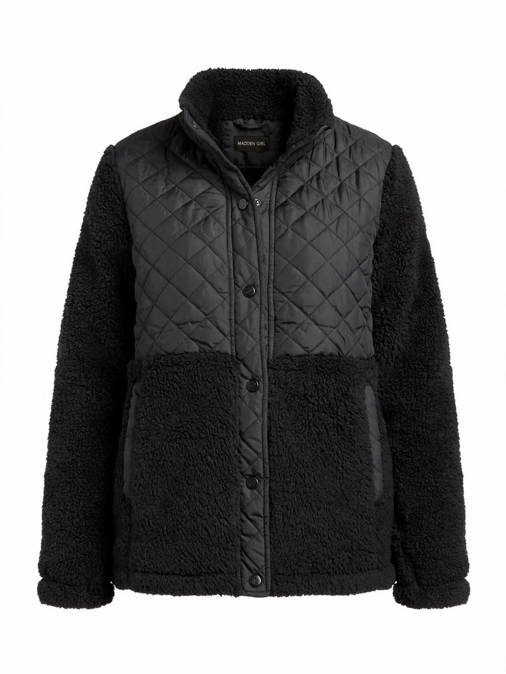 Madden Girl Black Quilted & Sherpa Snap Jacket Size M Medium